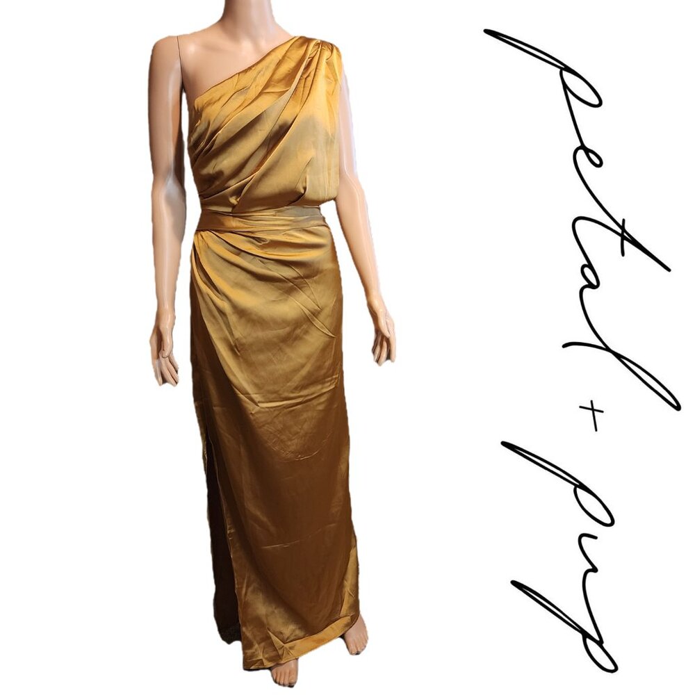 Petal & Pup Gold Satin One-Shoulder Maxi Dress - Picture 2 of 9